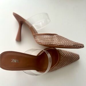 Like NEW - ZARA Blush Tan Pointed-Toe Mule Heels with Clear Strap